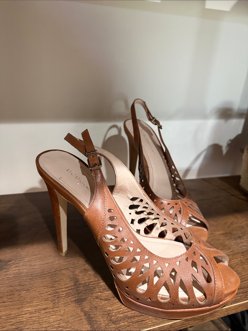 BCBGeneration Tan Cutout Slingback Heels